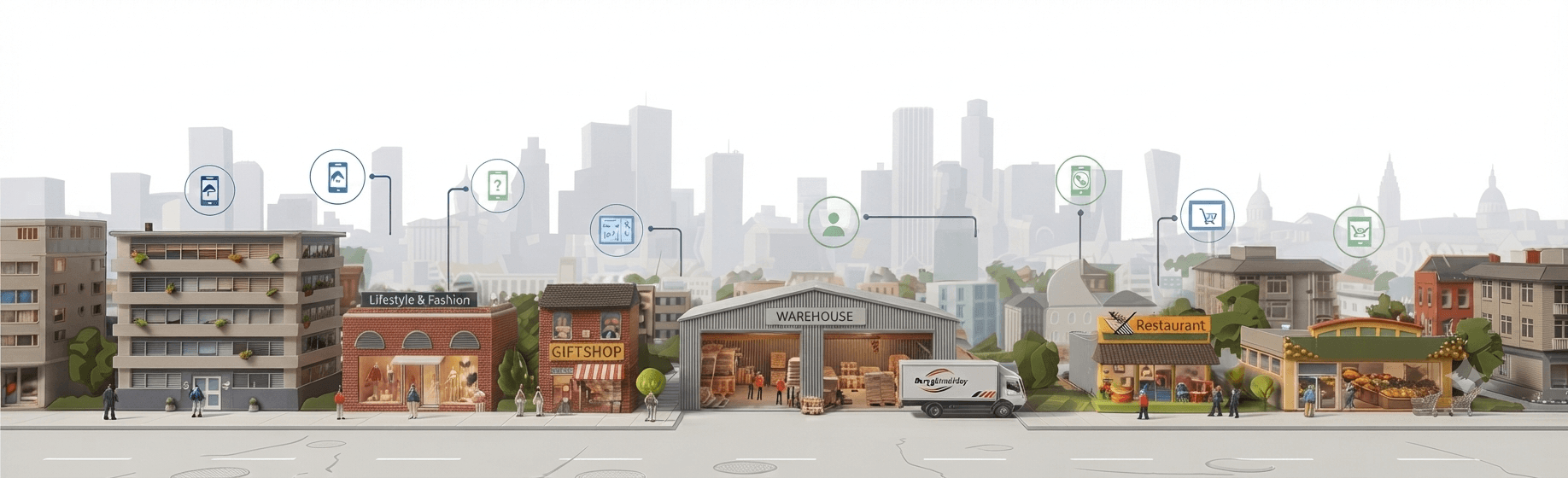 Retail, restaurant, warehouse and distribution outlets connected by mobile apps
