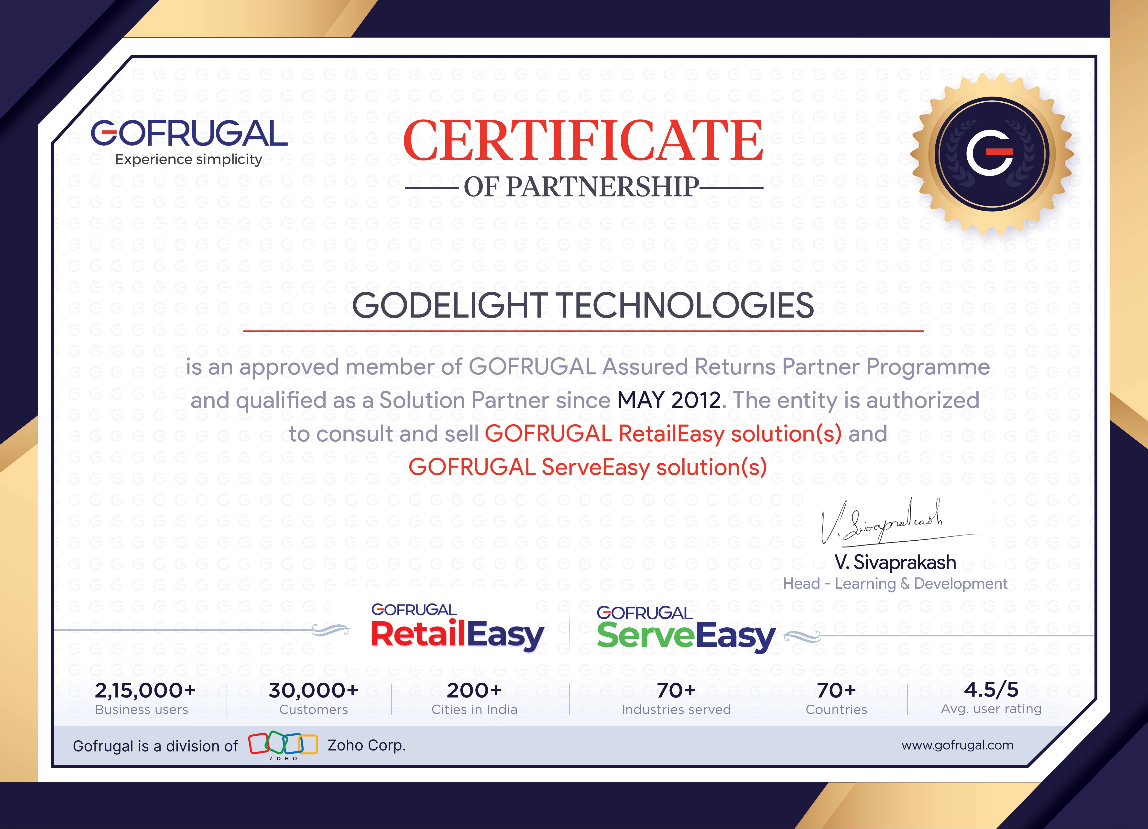 GoDelight + Gofrugal Official Partnership Certificate